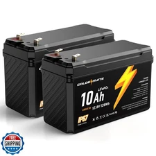 GOLDENMATE 12V 10Ah LiFePO4 Lithium Battery(2 Packs), 5000+ Deep Cycles, IP67