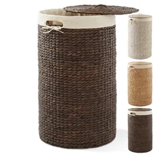 Round Laundry Hamper w Lid & Removable Liner for Clothes, Hyacinth Wicker Basket