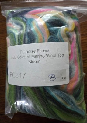 8 ounces Multi-colored Merino wool top by Paradise Fibers, Bloom, new.