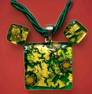 Italian Glass, 3 PC Jewelry Set, Green/Gold, Millefiori, L'EMPORIO DELLE ARTI-VF