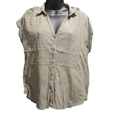 Mesh + Lace Size Large 100% Cotton Short Sleeve Button Front Blouse - Green/Gray