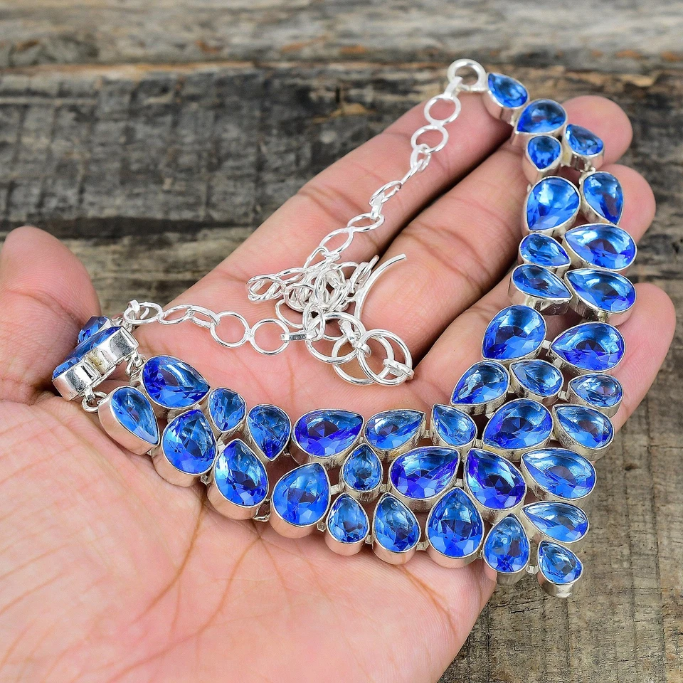 Collana In Topazio Blu In Argento Sterlingo 925 Gioiello Fatta A Mano Regalo - Immagine 2 di 4