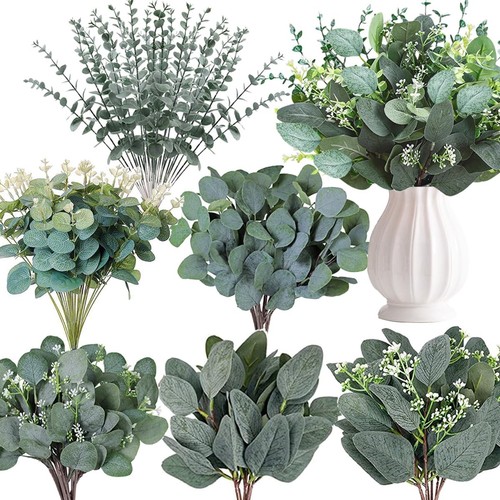 120 Pcs 6 Kinds Mixed Eucalyptus Leaves Stems Bulk Artificial Silver Dollar E...