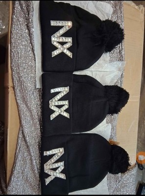 NX Black Knit Pom-Pom Beanie Women's Knit Hat Logo Accent Winter Solid