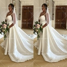 Spaghetti Strap Satin Wedding Dresses Lace Appliques Sweep Train Bridal Gowns