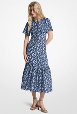 MICHAEL Michael Kors Floral Print Viscose and Silk Blend Midi Dress, FRENCH BLUE