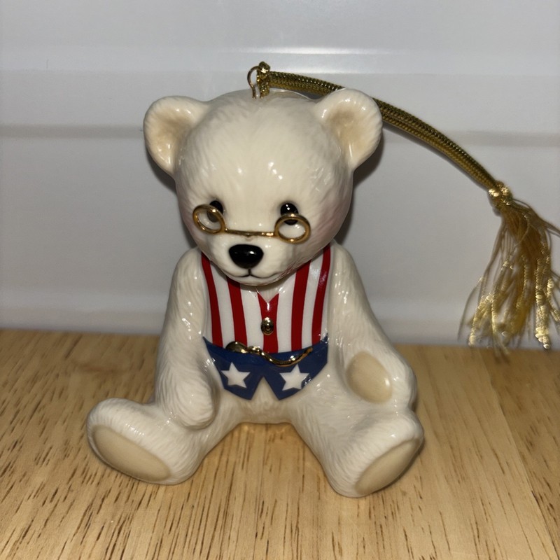 Lenox Teddy Bear 100th Anniversary Ornament 3" USA Patriotic Uncle Sam Gold