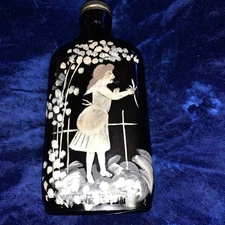 Vintage Folk Art Painting Of Girl on 1951 Amber Half Pint Whisky Bottle. 7” H