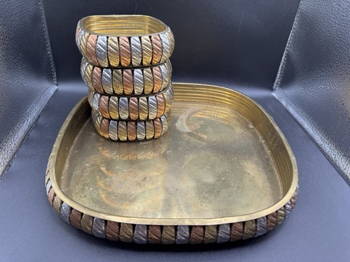 Copper Silver Brass Striped Square Tray & Four Bowls Home Decor Unique Co 5pc - Picture 2 of 21