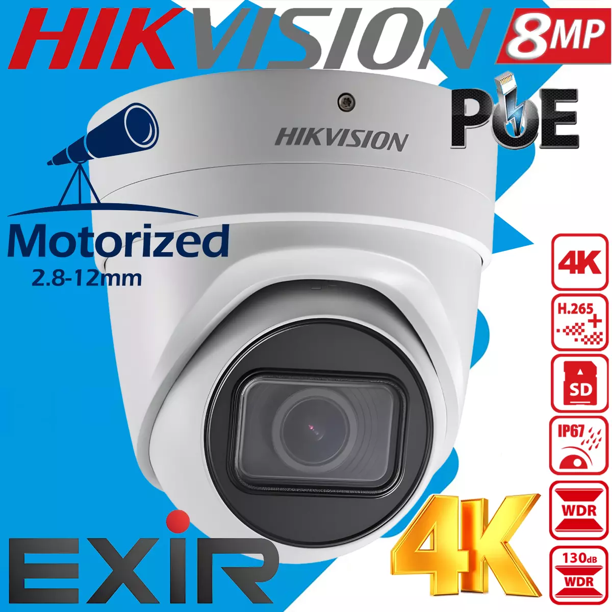 2MP PoE Security IP Camera - Compatible with Hikvision Motorized Dome  Outdoor Weather Proof EXIR Night Vision 2.8-12mm Varifocal Lens, English