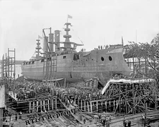 Photograph Launch of Vintage Battleship Georgia Bath Maine Year 1904 8x10