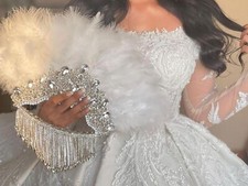 Wedding white Feather fan Brides Silver Ostrich fans