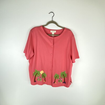 Bechamel II Womens 1X Button Front Blouse Top Embroidered Short Sleeve Pink Hula