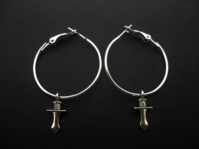 A PAIR OF SIMPLE SILVER PLATED  30MM 1'' HOOP & KNIFE/DAGGER EARRINGS. NEW.