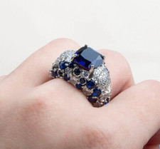 Handcrafted Royal Dome Shape Blue Sapphires White Cubic Zirconia Women's Ring