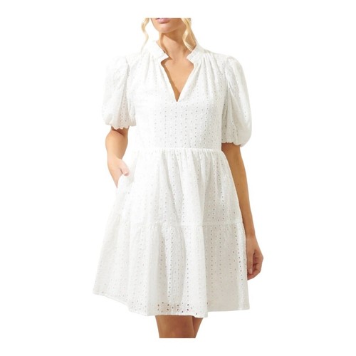 SUGARLIPS Jacey Babydoll Eyelet Mini Dress White Puff Sleeve Tiered ...