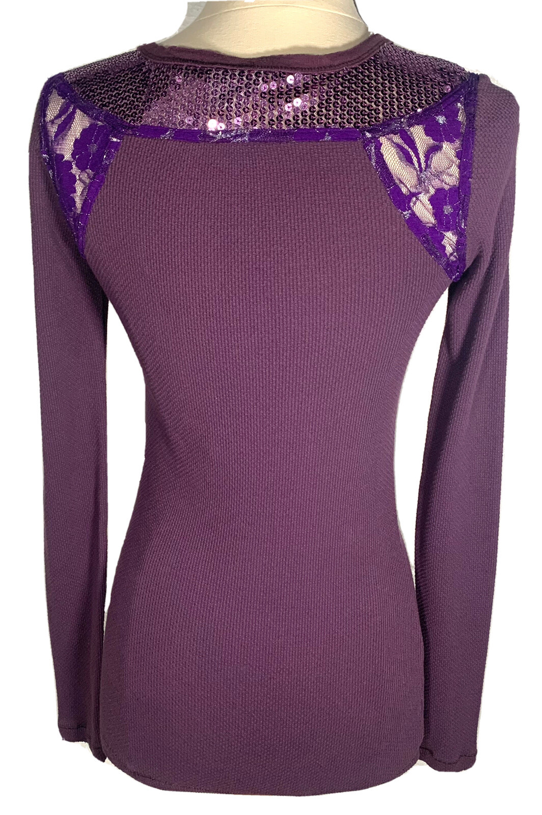 Free People Women's Sequins & Lace on Waffle Knit Long Sleeve Henley