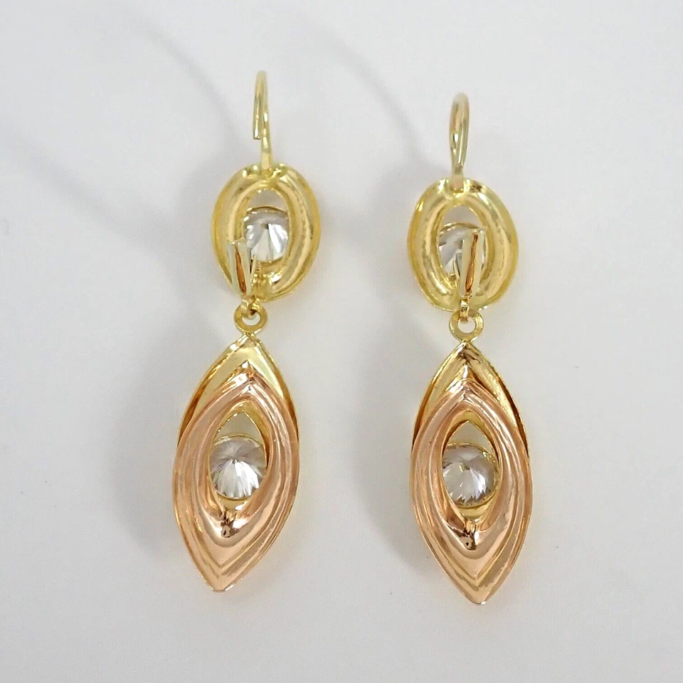 Solid 18k Rose Yellow Gold Marquise Dangle Leverback Earrings 750 Italy New - Image 2 of 4