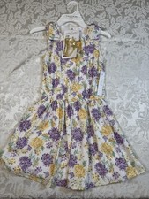 Tahari Girl Size 7 Floral Eyelet A-Line Square Neck Knee Dress White Purple