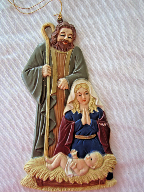 Vintage 5" Hard Plastic Flat Nativity Scene Christmas Ornament Jesus Mary Joesph
