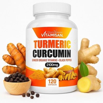 Turmeric+Ginger + Black Pepper 120 Caps   High Strength Curcumin Supplement, Non