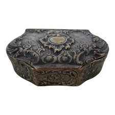 Silverplated Repousse Hinged Lid Snuff Trinket Box w Floral Pattern