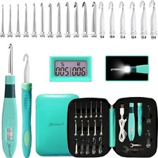 Crochet Hooks Set with Light and Digital Counter, 18 Sizes, Metal and Plastic...