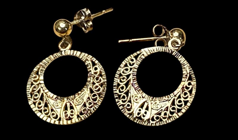 STERLING SILVER 925 GOLD VERMEIL FILIGREE DANGLE DROP EARRINGS.  BUTTERFLY BACKS