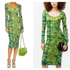 GANNI Ruched Mesh Dress Sulphur Spring Green Yellow Floral Midi 38 Wedding Guest