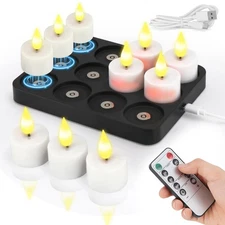 Rechargeable Tea Lights Charging Base and Remote Timer, 12Pcs Battery Operate...
