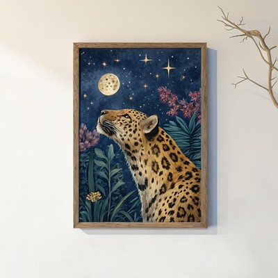 Leopard in den Wildblumen mit Blick auf Vollmond wunderschön und floral 0 3 Kunstdruck