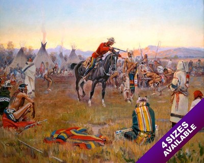 CANADIAN MOUNTY ARRESTING BLACKFOOT INDIAN OIL PAINTING ART REAL CANVAS PRINT