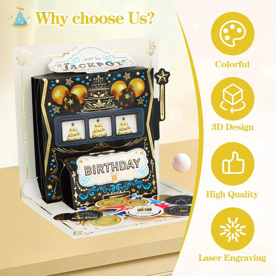 Tarjeta emergente de feliz cumpleaños - Tarjetas de regalo de cumpleaños con bote de casino de 6""x 6"" con... Foto 2 de 4