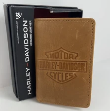 HARLEY DAVIDSON Genuine Leather Trifold Wallet Bar & Shield Logo Cognac RFID NEW
