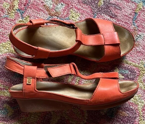 El Naturalista Art Company Sunset Coral Orange Leather T-strap Wedge Sandal  39