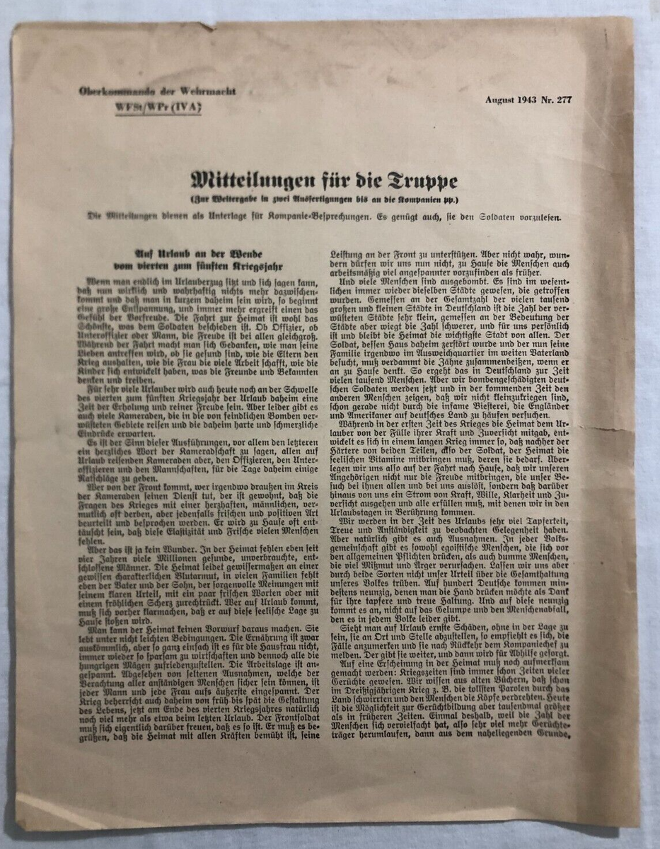 Rarissimo dispaccio WWII Oberkommando der Wehrmacht 277 1943