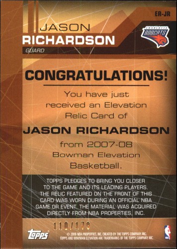 Camiseta deportiva Bowman Elevation Relics #JR Jason Richardson 2007-08/179 - casi nueva-como nueva - Imagen 2 de 2