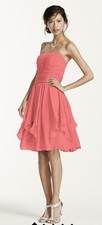Davids Bridal Strapless Formal Dress Chiffon  Coral Sz 12 New Without Tags