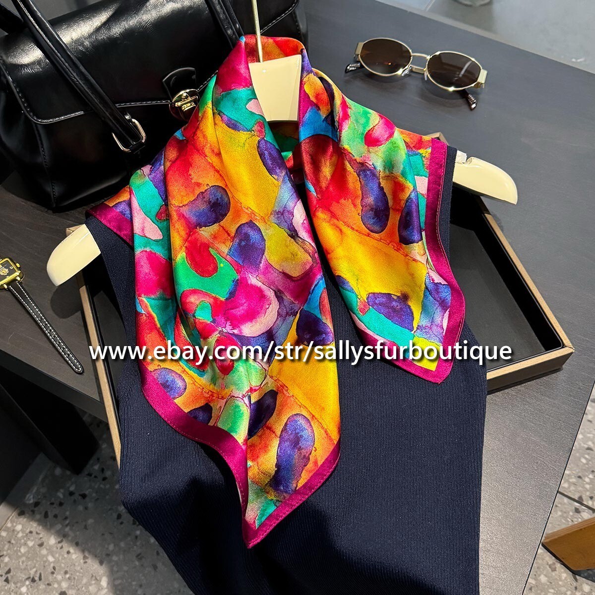 Sallys 100% Satin Silk Scarf Painting Print Square Necktie Hairband 21