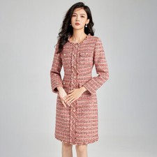 Blue Elegant Round Neck Dress Women Winter New Coarse Tweed Waist Cinching Dress