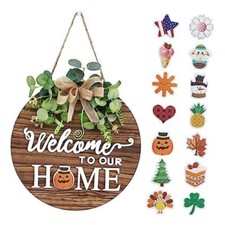 Interchangeable Seasonal Welcome Sign Front Door Decoration, Rustic Round 12"