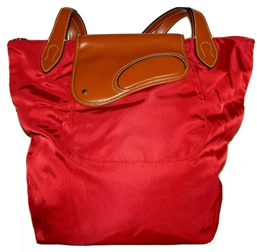 RALPH LAUREN Chilli Red Nylon Cider Tan Vegan Leather Tote Handbag