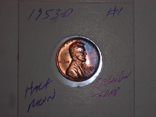 wheat penny 1953-D LINCOLN CENT 1953D GREAT RAINBOW TONED BU LOT #3 RED UNC