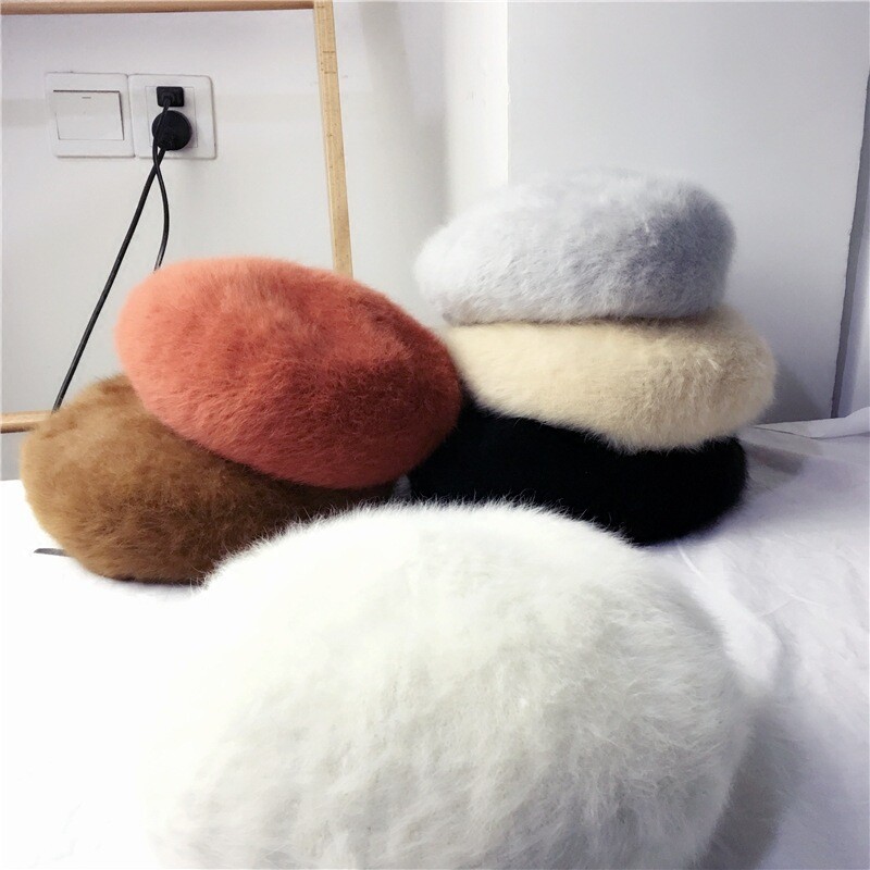 Fluffy Rabbit Fur Beret Hat Soft Warm Autumn Winter Sweet Cap