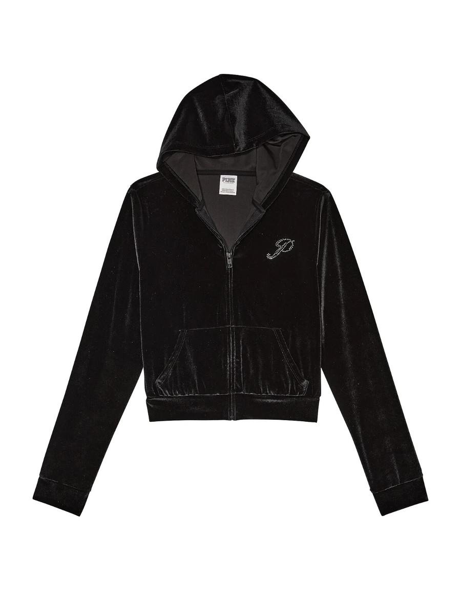 Victoria's Secret PINK VELOUR SHINE LOGO FULL-ZIP CROP HOODIE L