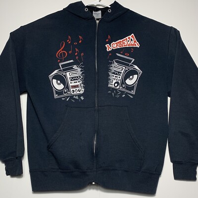 90 s Vintage Full Zip Hoodie Womens Large Radio Boom Box Acapella Black Graphic
