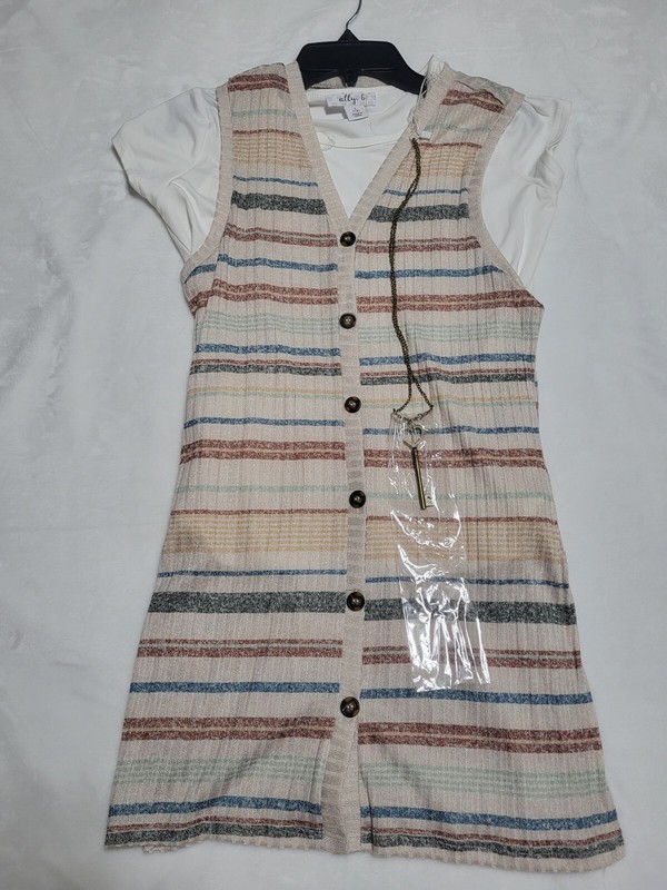 Ally B Youth Girl's 2 Piece Set Shirt Dress Beige Strip Multicolor Size 14