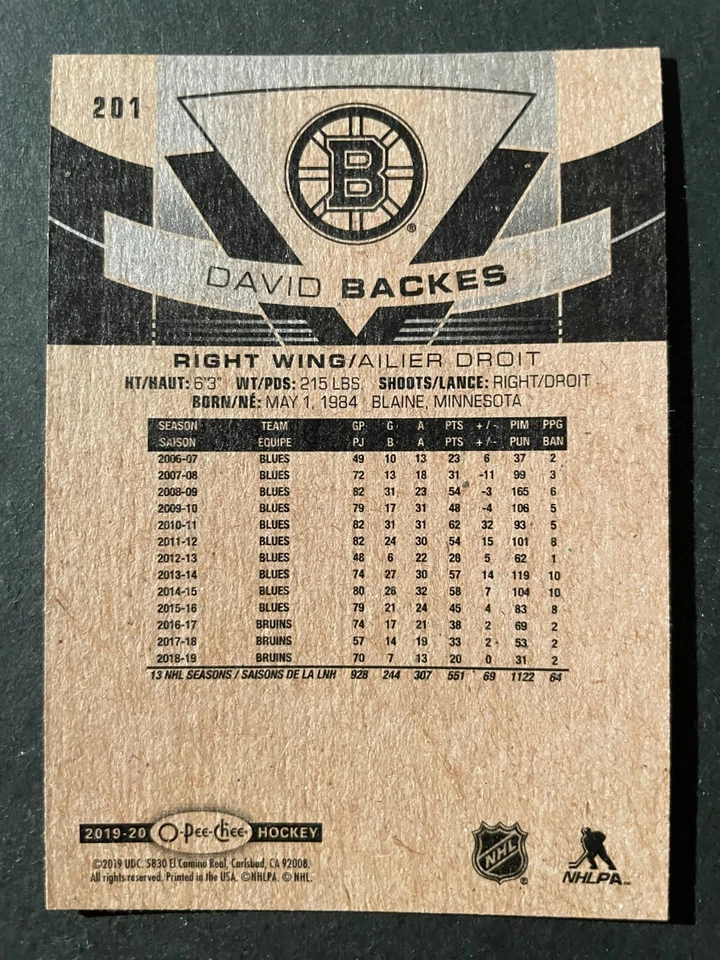 David BACKES 2019-20 O-Pee-Chee Hockey #201 Boston Bruins - Image 2 of 2