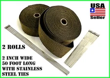 Titanium Lava Exhaust Header Pipe Heat Wrap 2 Rolls 2"x 50' Stainless ties kit 