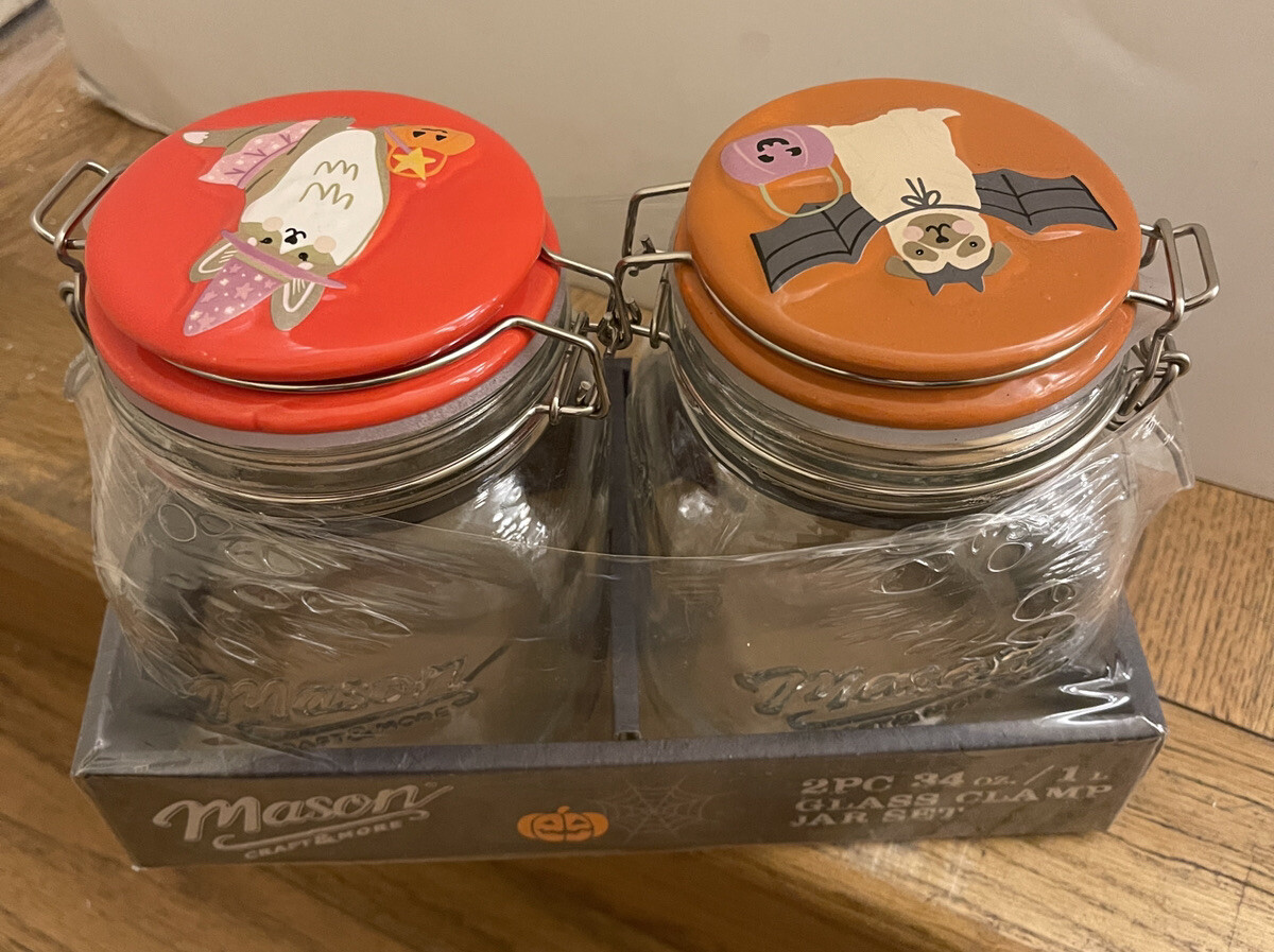 Mason glass clamp jar set 2 pc 34oz /1L each pug bat witch halloween dogs eBay
